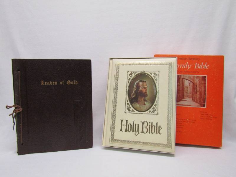 lot 5697 image: 1948 Leaves Of Gold by Clyde Francis Lytle & A New in Box  Family Bible