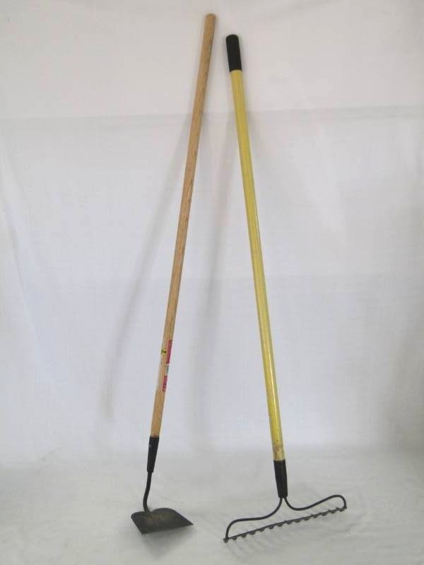 lot 5491 image: Steel Rake and Hoe- Long Handled Tools