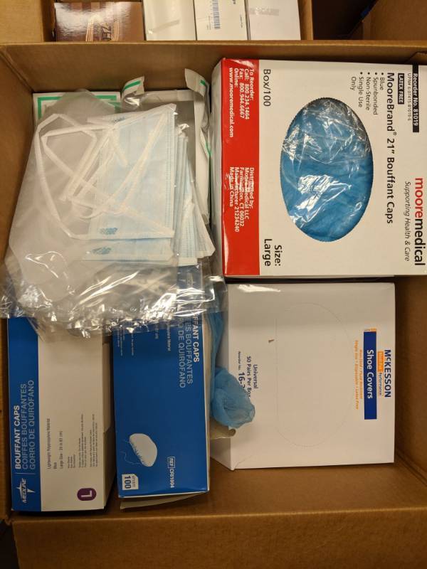 lot 5541 image: Biohazard Sharps Disposal Kit, Spill Kit, Shoe Covers, Bouffant Caps And More