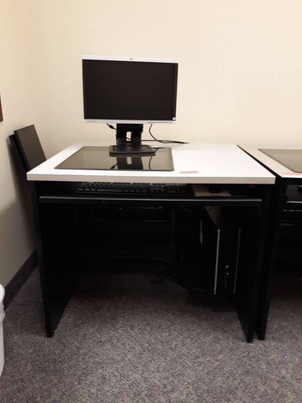 lot 1806 image: Computer Desk With HP Compaq LA1905wg Monitor, HP Compaq 8200 Elite, Keyboard And Mouse