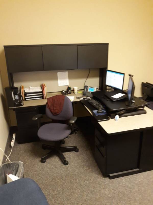 lot 1855 image: L Shaped Desk, Contents not included, Large Filing Cabinet, Large Book Shelf