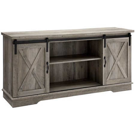 lot 1684 image: 58  Sliding Barn Door TV Console - Rustic Oak