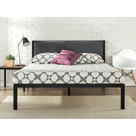 lot 1796 image: zinus 14 inch platform metal bed frame with upholstered headboard  mattress foundation  wood slat support, queen