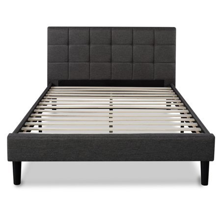 lot 1806 image: Zinus Upholstered Square Stitched Platform Bed with Wooden Slats, Full