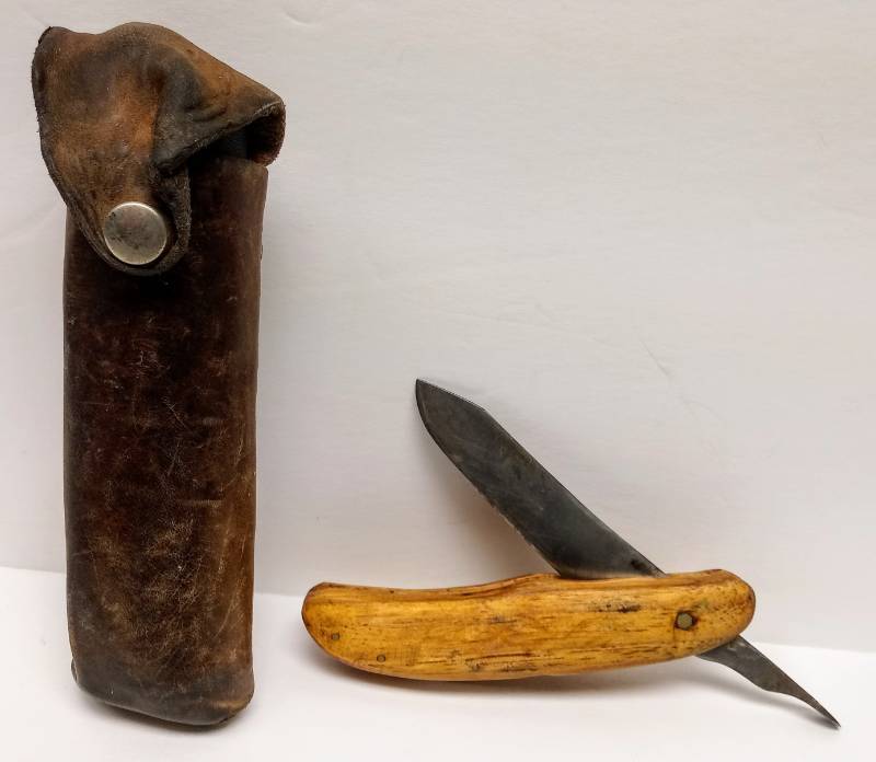 lot 5737 image: Old Homemade Knife & Sheath  Possibly A Castrating Knife