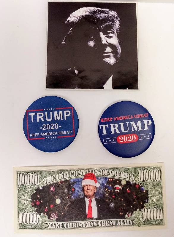 lot 5740 image: 2  2020 Trump Campaign Buttons, Silhouette Sticker & Make Christmas Great Again Funny Money