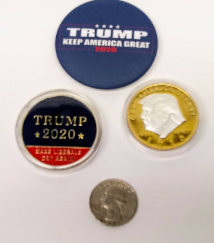 lot 5741 image: Donald Trump Lot  2020 Campaign Button & Two 2020 Commemorative Coins (In Cases)
