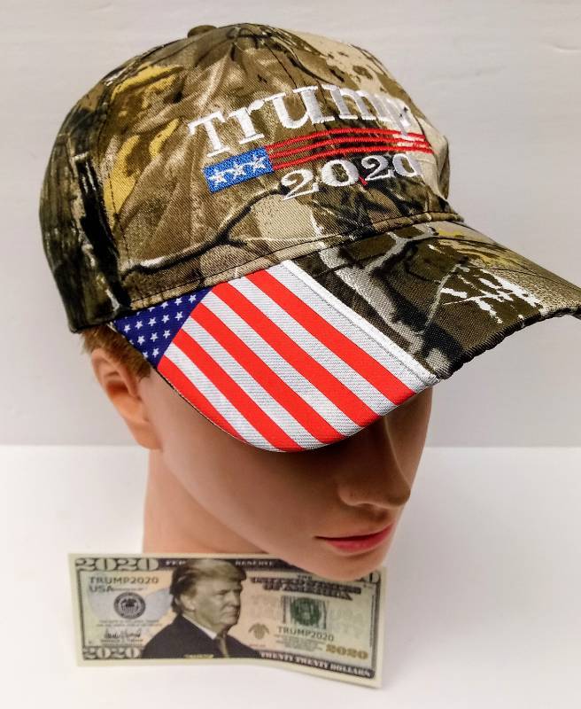 lot 5742 image: NEW Trump 2020 American Flag Embroidered Adjustable Camo Cap  Bonus