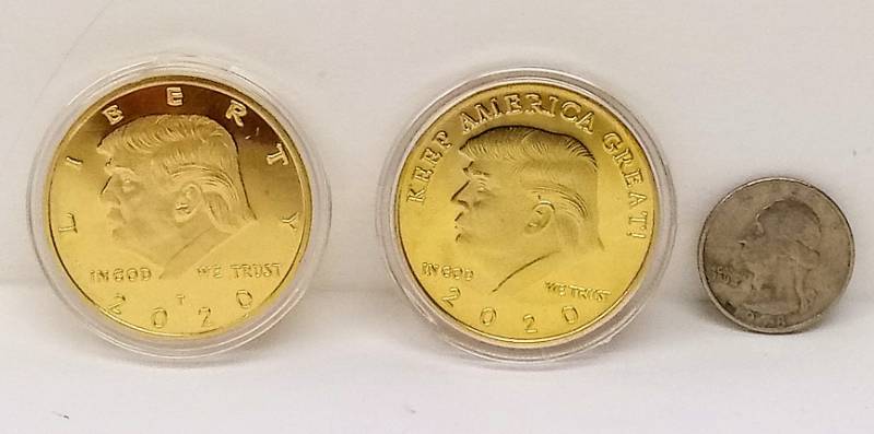 lot 5743 image: Two - 2020 President Donald Trump Golden Eagle Commemorative Novelty Coin