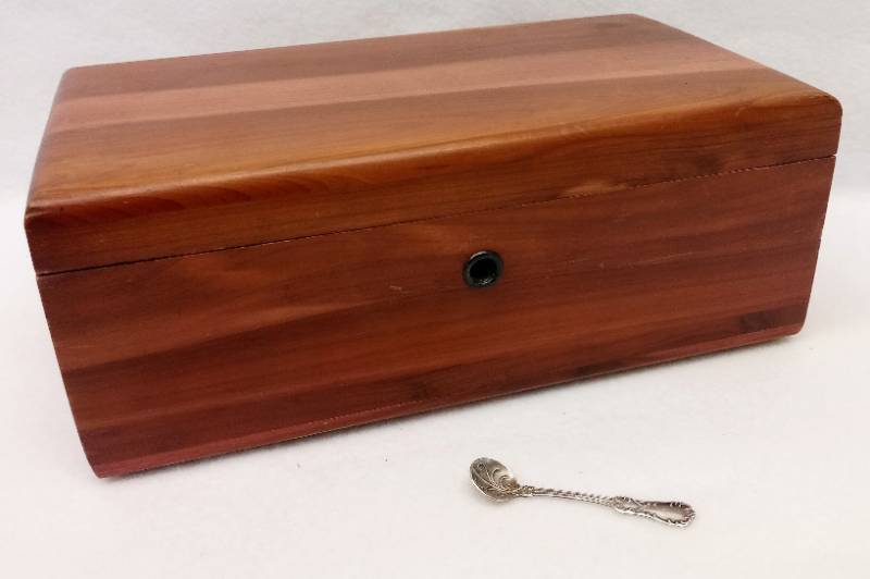 lot 5759 image: Lane Cedar Chest Trinket  Jewelry Box  BONUS  Small Sterling Silver Spoon