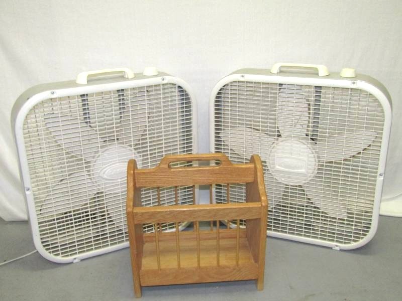lot 5604 image: 2 Box Fans and A Magazine Rack