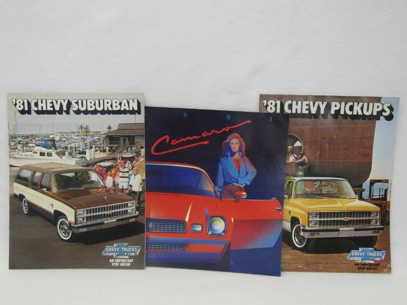 lot 5648 image: 1981 Chevrolet Dealer Brochures-  Lot of 3  Pickup-Suburban-Camero-  Cool Man Cave Art
