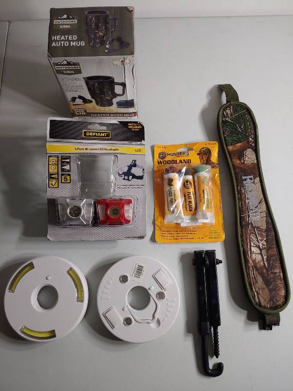 lot 111 image: LOT of MISC- Head Lamps, Blind Lights, Heated Coffee Mug, Sling and more