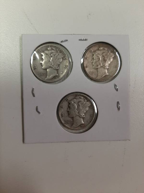 lot 1338 image: 1941 Mercury Head silver dimes P-D-S Mint Marks