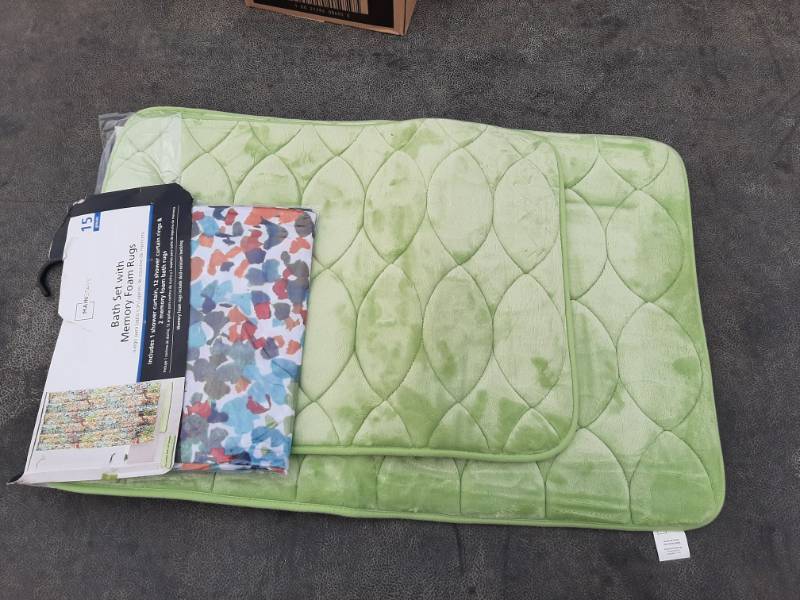 lot 1409 image: Mainstays Positano Memory Foam Bath Rugs and Shower Curtain (missing curtain rings)