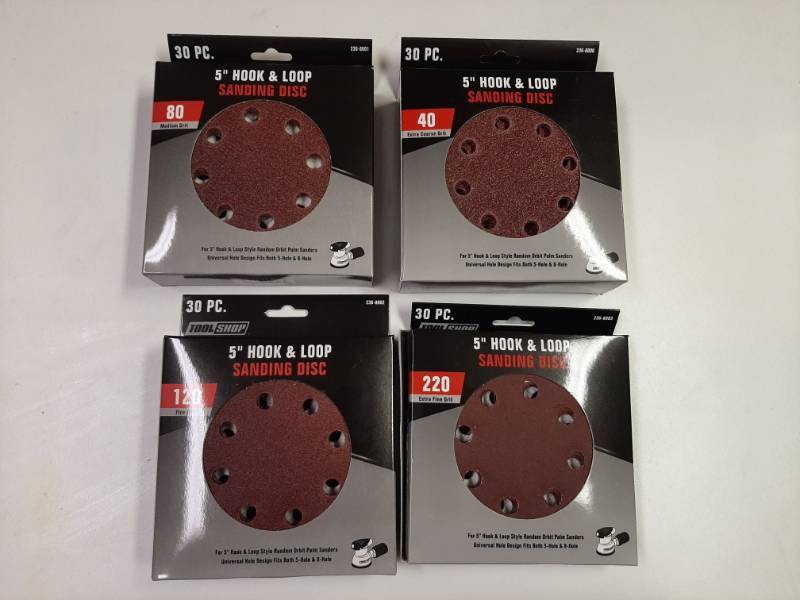 lot 1427 image: (4) Tool Shop 5 8-hole Hook & Loop Sanding Disc - 30 Packs - 40, 80, 120, and 220 grit