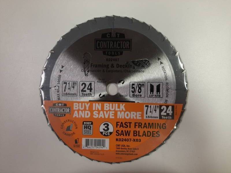 lot 1436 image: CMT 7-14  24T Contractor Framing decking Circular Saw Blades (3 Pack)