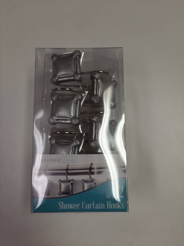 lot 1449 image: Metal Shower Curtain Hooks Set Of 12 Pewter Look Square