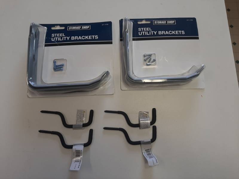 lot 1465 image: (2) Utility Hooks Bracket Steel 2-pack and (4) Screw-in Accessory Hooks
