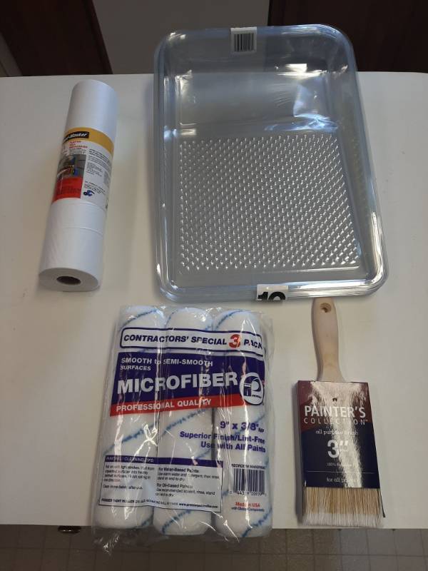 lot 1494 image: Painting Lot - 3M 12-in x 360-ft Non-Adhesive Masking Film, 10 Pack Tray Liners, 3 Pack Roller Covers, and 3  paint brush