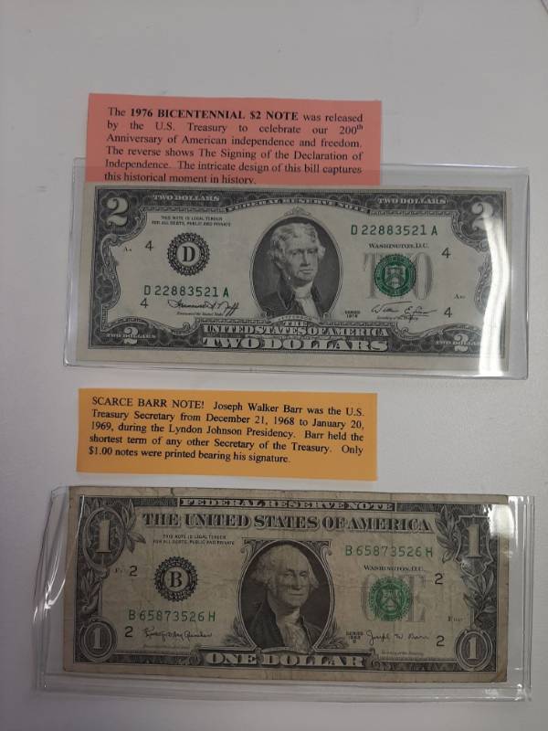lot 1527 image: Bicentennial $2 note and Barr $1 note