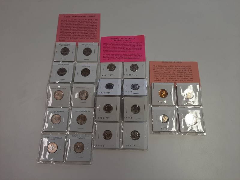 lot 1532 image: 3 cards or coins - westward journey Nickels, brilliant uncirculated Roosevelt dimes and proof set of coins