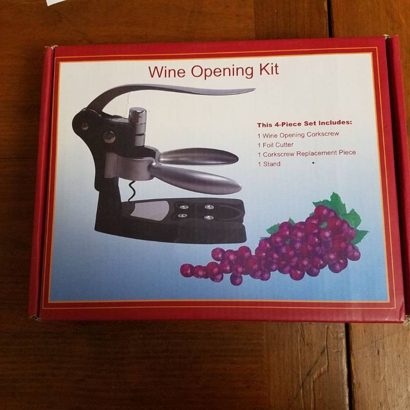 lot 3848 image: 4 Piece Deluxe Wine Opening Kit With Stand Corkscrew Foil Cutter