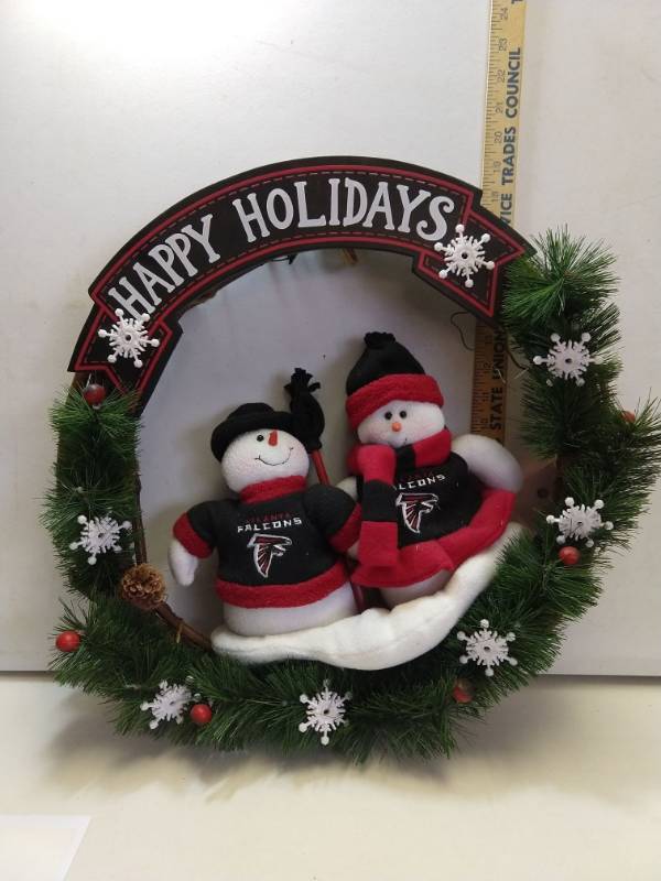 lot 2732 image: Atlanta falcons happy holidays 16in Christmas wreath mr. and mrs. snowman