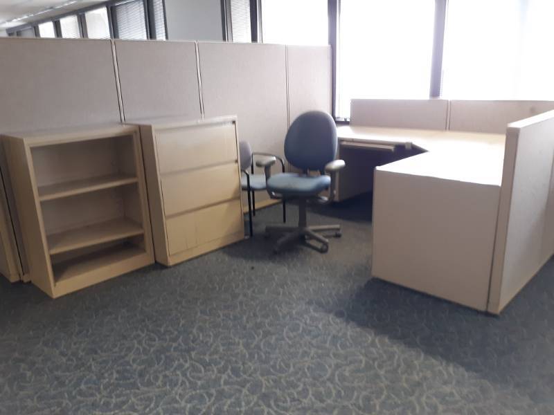 lot 8791 image: L-Shaped Cubicle and Office Chair, 3 Shelf Bookcase and Lateral Filing cabinet