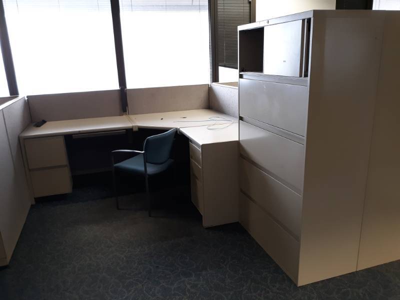 lot 8801 image: L-Shaped Cubicle and Office Chair, 5 Shelf Lateral Filing cabinet
