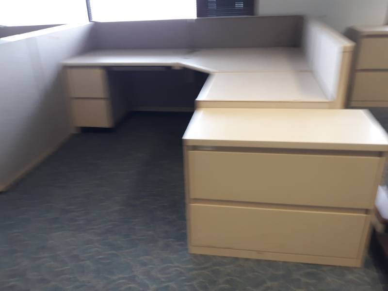 lot 8896 image: L-Shaped Cubicle and Two Drawer Lateral Filing Cabinet