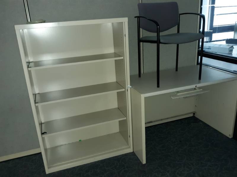 lot 8904 image: Metal Bookcase, Work Desk and Arm Chair