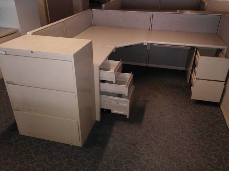 lot 8746 image: L-Shaped Cubicle & Three Drawer Lateral Filing Cabinet