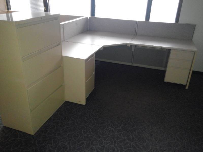 lot 8765 image: L-Shaped Cubicle and 4 Drawer Lateral Filing Cabinet