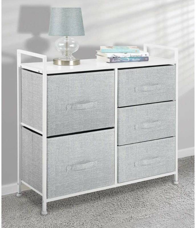 lot 16133 image: mDesign Wide Dresser Storage Tower - Sturdy Steel Frame, Wood Top, Easy Pull Fabric Bins - Organizer Unit for Bedroom, Hallway, Entryway, Closets - Textured Print, 5 Drawers - GrayWhite