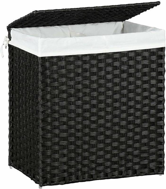lot 16152 image: SONGMICS 110L Handwoven Laundry Basket, Synthetic Rattan Divided Clothes Hamper with Lid and Handles, Foldable, Removable Liner Bag, Black ULCB52BK