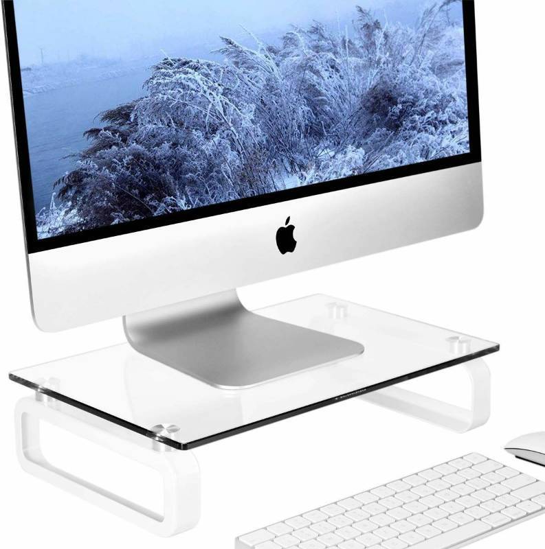 lot 16162 image: Clear Computer Monitor Stand Riser Multi Media Desktop Stand for Flat Screen LCD LED TV, LaptopNotebookXbox One, with Tempered Glass and Metal Legs, HD02T-001