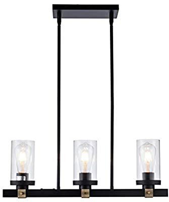 lot 16164 image: 3-Light Black Rustic Kitchen Island Light Modern Farmhouse Linear Chandelier with Clear Glass Shade for Dining Table, UL Listed