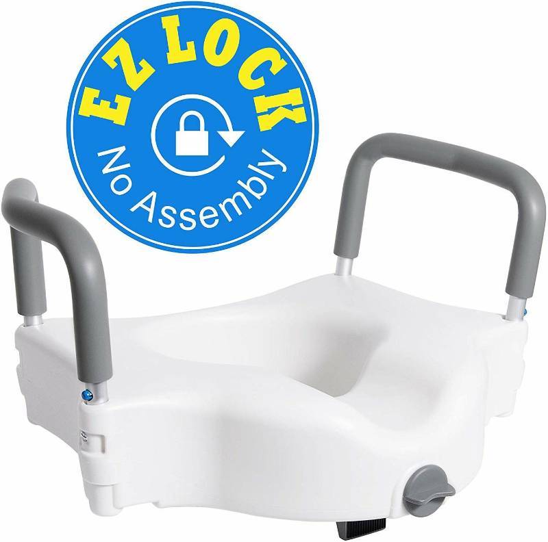 lot 16175 image: Vaunn Medical Elevated Raised Toilet Seat & Commode Booster Seat Riser with Removable Padded Grab bar Handles & Locking Mechanism