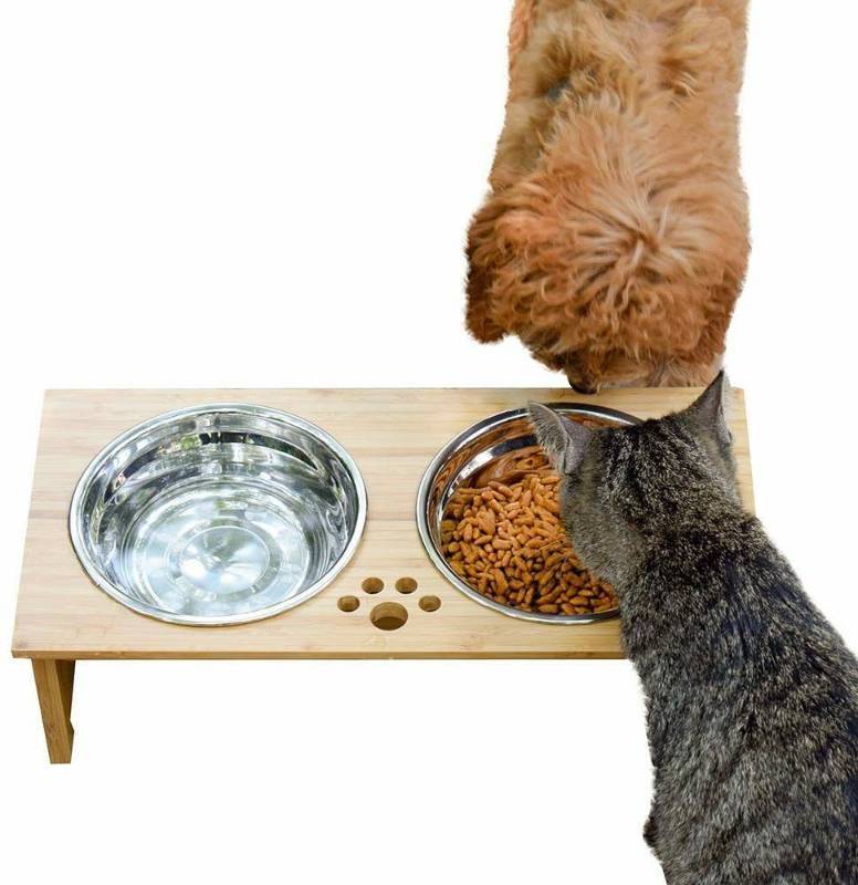 lot 16180 image: FOREYY Raised Pet Bowls for Cats and Dogs, Bamboo Elevated Dog Cat Food and Water Bowls Stand Feeder with 2 Stainless Steel Bowls and Anti Slip Feet