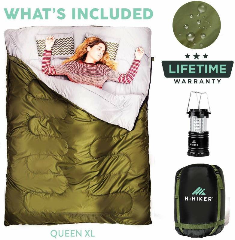 lot 16192 image: HiHiker Double Sleeping Bag Queen Size XL - Bonus Camping Light - for Camping, Hiking Backpacking and Cold Weather, Portable, Waterproof and Lightweight - 2 Person Sleeping Bag