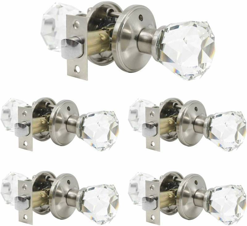 lot 16221 image: 5 Pack Crystal Interior Privacy Door Knobs in Brushed Nickel Finish, Keyless Door Handles Used for Bedroom Bathroom, Heavy Duty Clear Glass with Diamond Shape