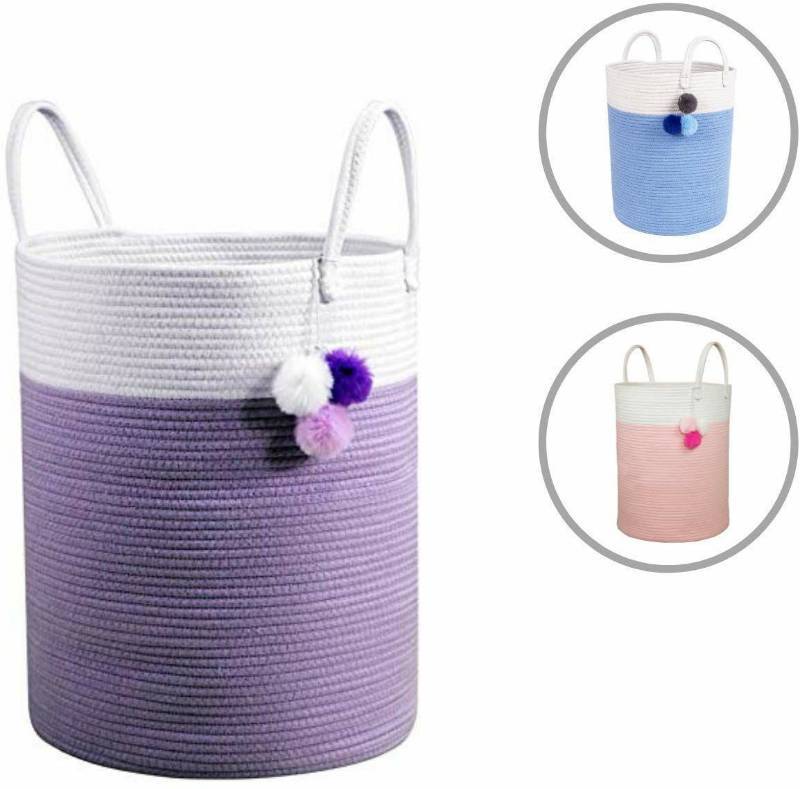 lot 16226 image: Solaya Tall Purple Cotton Rope Basket Storage 16 x 20  - Large Natural Cotton Woven Basket w Handles �� Decorative Storage Basket for Laundry, Clothes, Diapers, Toys, Hamper, Towels