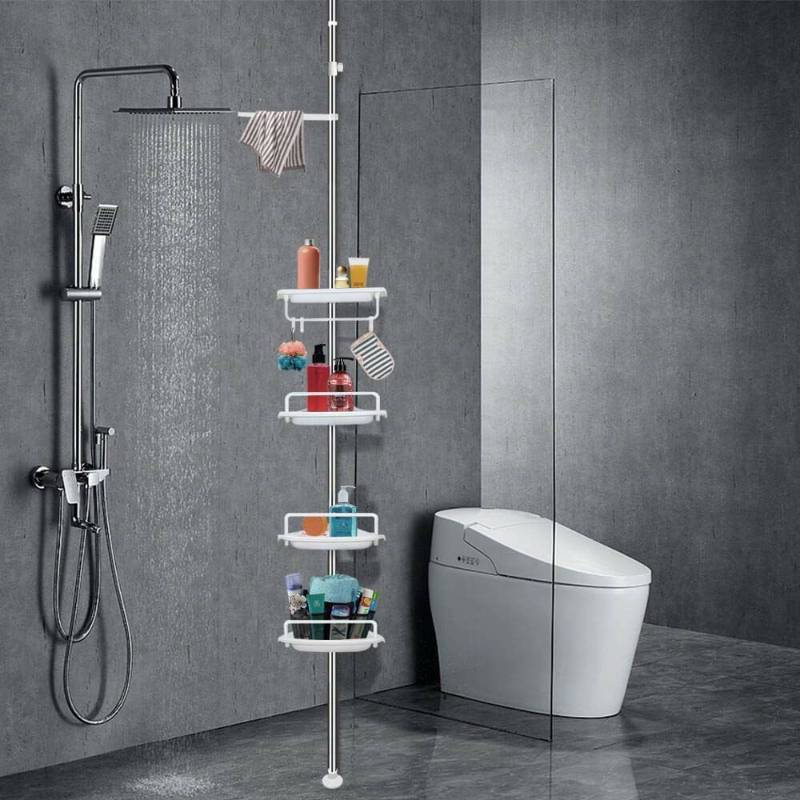 lot 16257 image: Vailge Adjustable Constant Tension Corner Shower Caddy,Rustproof Stainless Steel Shower Caddy Pole,4 Positionable Shelves Tension Shower Caddy,Strong and Sturdy,White -1 Pack