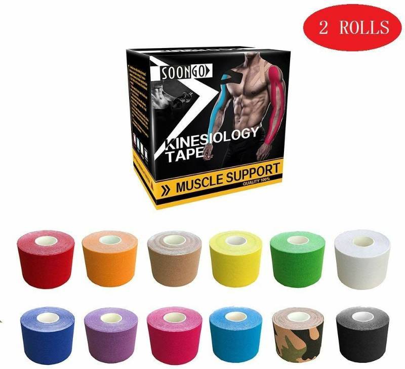 lot 16326 image: Kinesiology Tape Physio Relieve Muscle Soreness and Strain Shoulders Wrists Knees Ankles Elastic Waterproof Good Air Permeability Hypoallergenic 2 Rolls Black by SOONGO