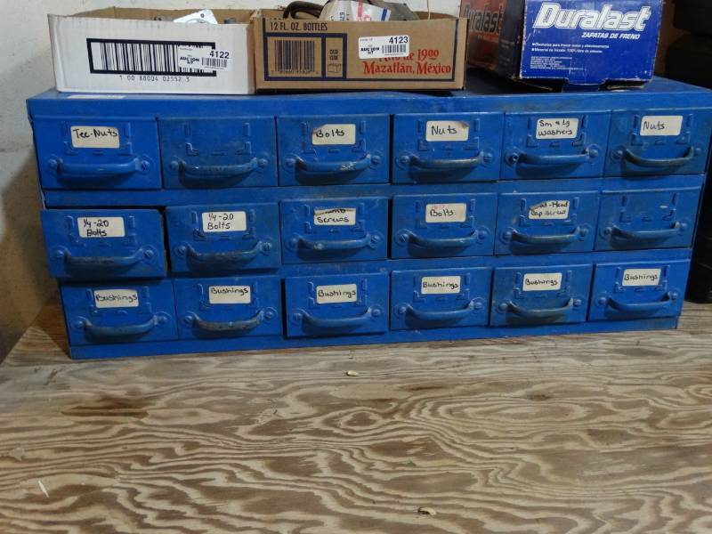 lot 4134 image: Nice Equipto metal parts cabinet w various hardware & misc in drawers