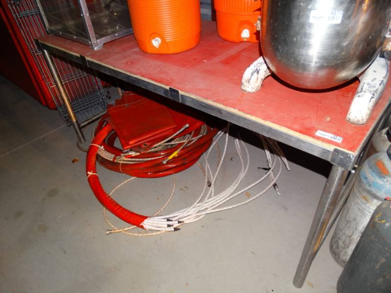 lot 4876 image: Stainless steel frame table w wood top