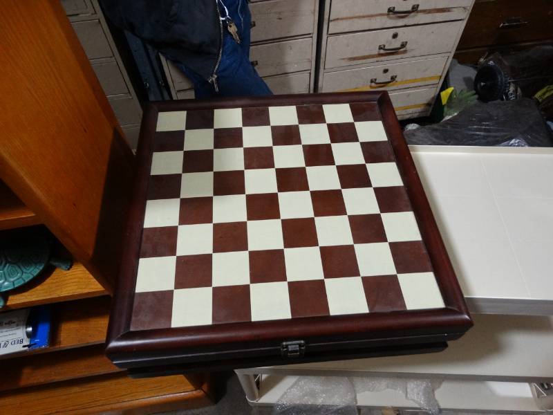 lot 2033 image: Wooden Chest and Checkered Board With Hidden Storage