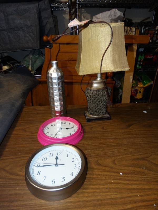 lot 2071 image: Two Wall Clocks, Silver vase and Lamp