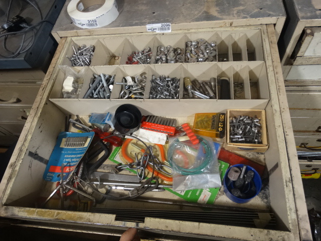 lot 2101 image: 2 Drawers of miscellaneous hardware, safety glasses and air compressor fittings